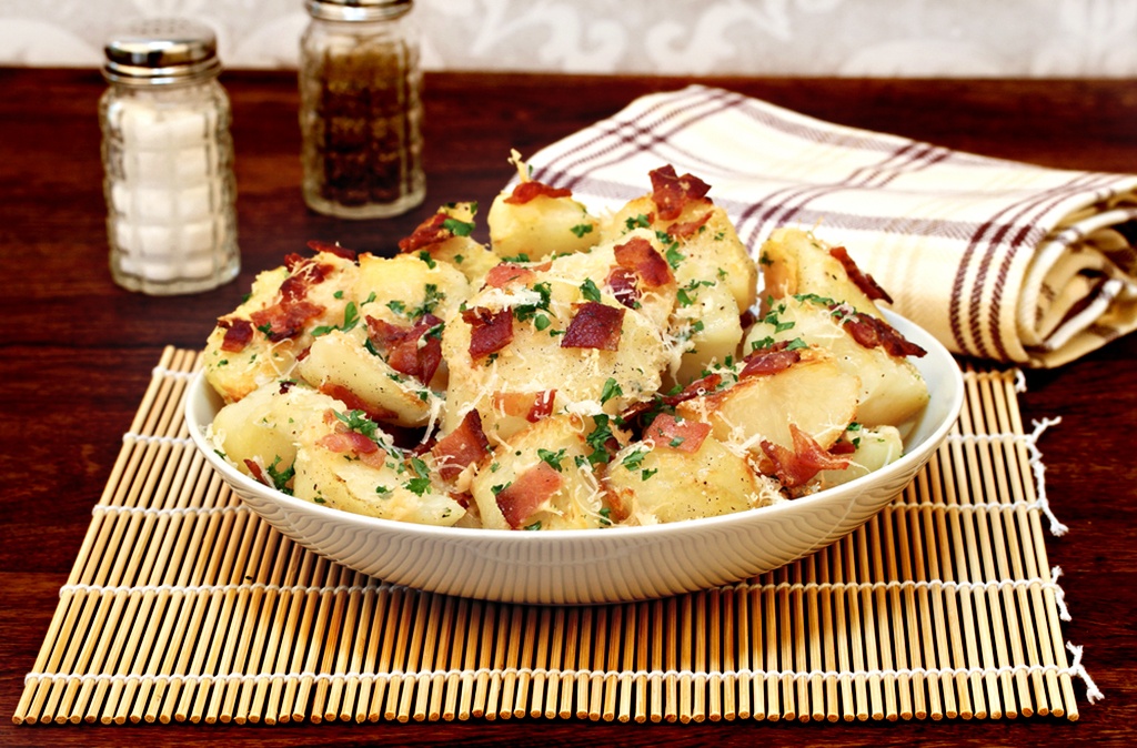 batata com bacon e parmesão gratinada tudo gostoso