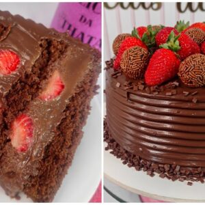 Bolo de chocolate com geleia de morango e ganache amargo