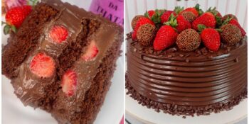Bolo de chocolate com geleia de morango e ganache amargo