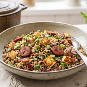 Baião de dois com calabresa e bacon