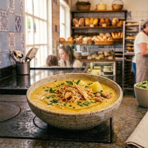 Caldo de kenga com frango bem desfiado