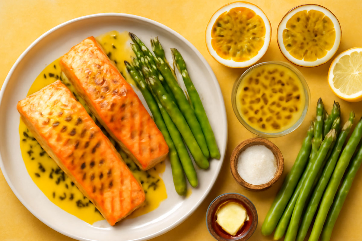 Receita de Salmão com molho de maracujá para o dia dos namorados - Imagem gerada por I.A para o Minhas Receitinhas
