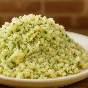 Arroz de couve flor servido no prato.