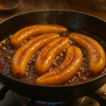 Banana sendo caramelizada na frigideira.