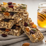 Barrinha de cereal fit ao lado de um pote de mel.
