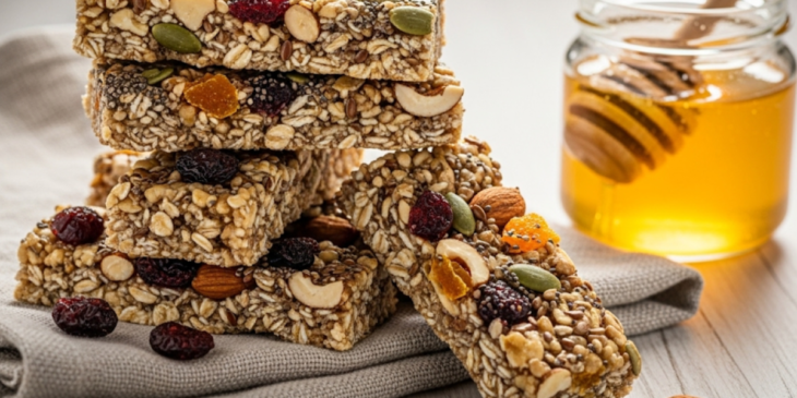 Barrinha de cereal fit ao lado de um pote de mel.
