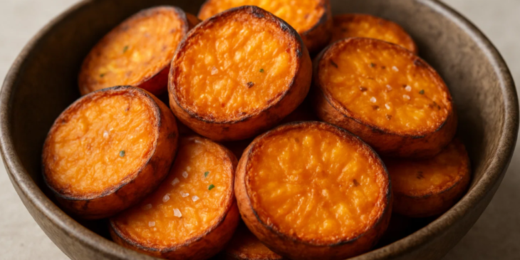 Batata doce em rodelas assada e servida em tigela.