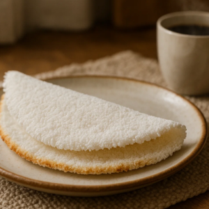 Biju de tapioca acompanhado de café.