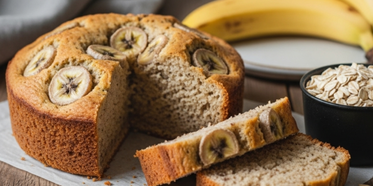 Bolo de banana cortado e pedaços dele ao lado.