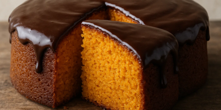Bolo de cenoura com pedaço cortado.