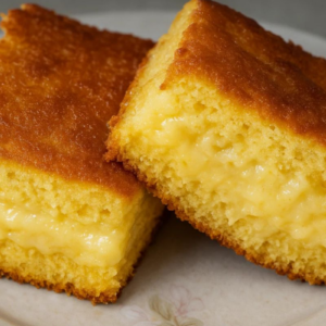 Dois pedaços de bolo de fubá com queijo lado a lado.