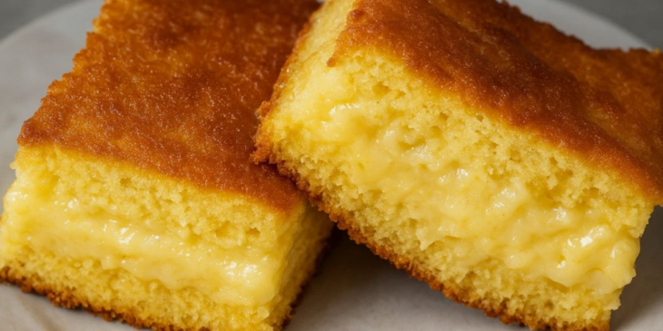Dois pedaços de bolo de fubá com queijo lado a lado.