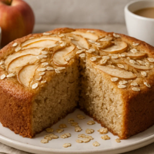 Bolo de maçã com aveia cortado.