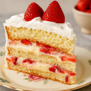 Fatia de bolo de nata com morangos