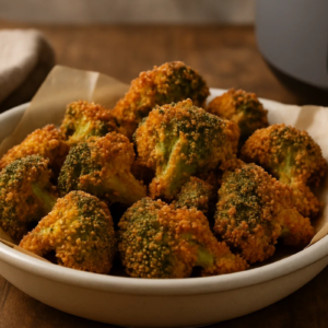 Brócolis empanado servido no prato.