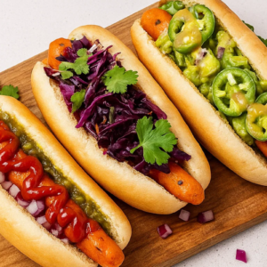 Cachorro quente vegano com uma variedade de recheios.