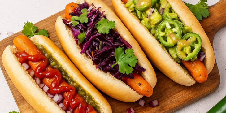 Cachorro quente vegano com uma variedade de recheios.