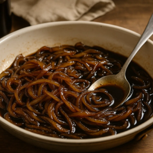 Cebola caramelizada no shoyu servida em prato.