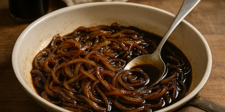 Cebola caramelizada no shoyu servida em prato.