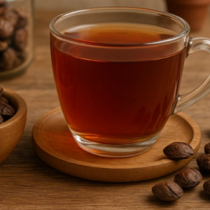 Chá com sementes de sucupira ao lado.