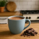 Chocolate quente com chocolate ao lado.