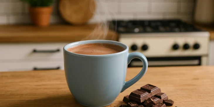 Chocolate quente com chocolate ao lado.