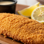 Tilápia empanada ao lado de limão