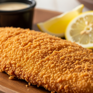 Tilápia empanada ao lado de limão
