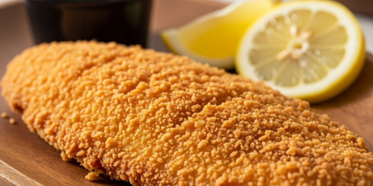 Tilápia empanada ao lado de limão