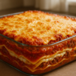 Lasanha com carne moída servida em travessa de vidro.