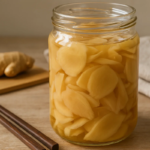Pote com conserva de gengibre e gengibres ao fundo.