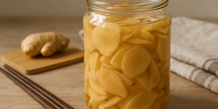 Pote com conserva de gengibre e gengibres ao fundo.