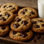Cookies de chocolate servidos ao lado de leite.