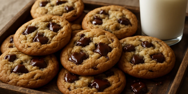 Cookies de chocolate servidos ao lado de leite.