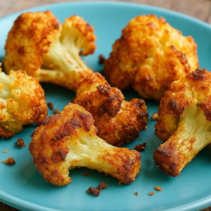 Couve flor empanada em prato azul.