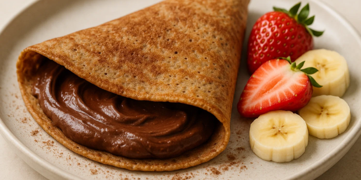 Creme de chocolate recheado e com frutas ao lado.