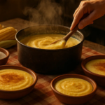 Panela com curau de milho e pratos servidos ao lado.
