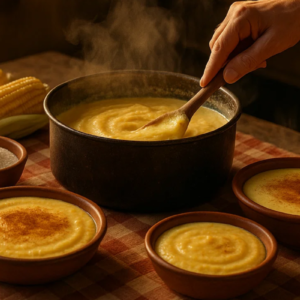 Panela com curau de milho e pratos servidos ao lado.