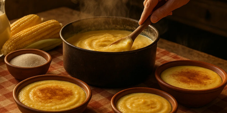 Panela com curau de milho e pratos servidos ao lado.