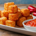 Dadinhos de tapioca servidos com geleia de pimenta.