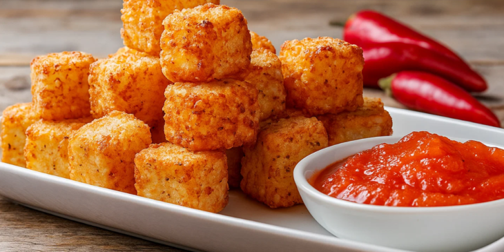 Dadinhos de tapioca servidos com geleia de pimenta.