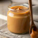 Doce de leite sem açúcar em pote com colher ao lado.