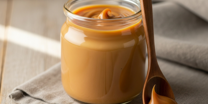 Doce de leite sem açúcar em pote com colher ao lado.