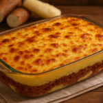 Escondidinho de carne de sol logo após sair do forno, servido em pirex.