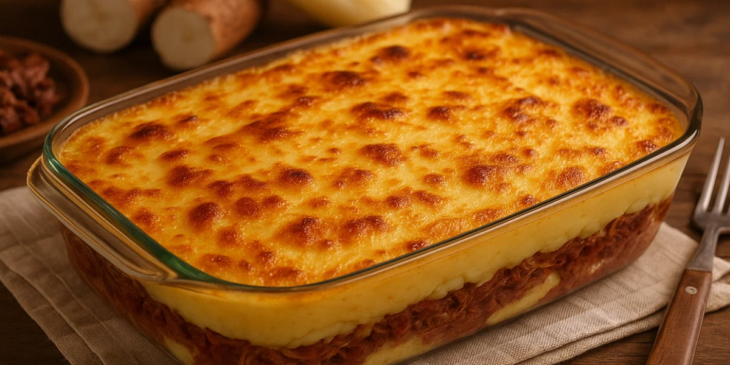 Escondidinho de carne de sol logo após sair do forno, servido em pirex.