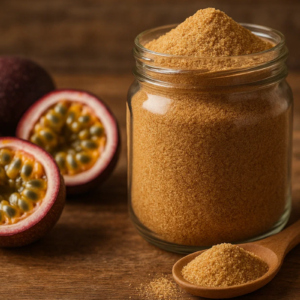 Farinha de maracujá e maracujás ao lado.