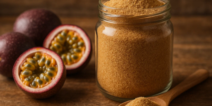 Farinha de maracujá e maracujás ao lado.