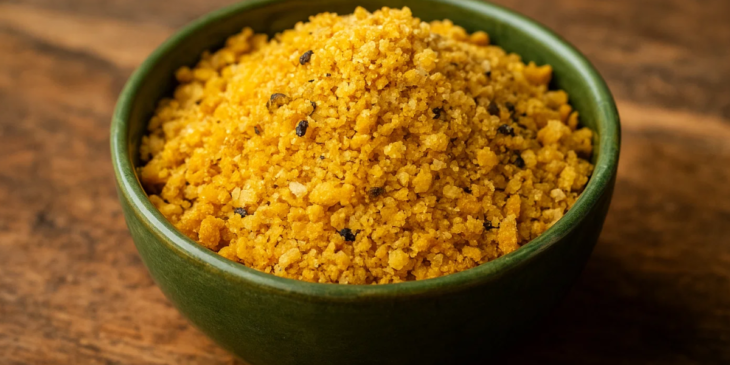 Farofa de maracujá servida em tigela.