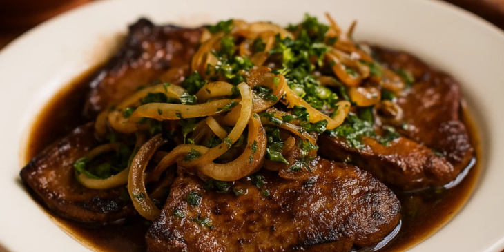 Bife de fígado acebolado servido no prato.
