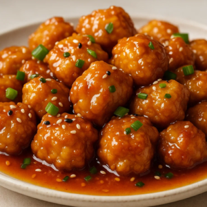 Frangos agridoces servidos com gergelim e cebolinha